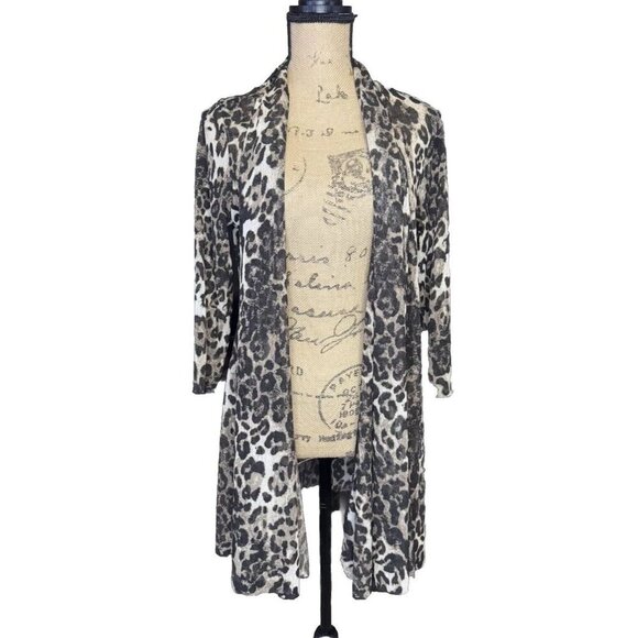 ALI MILES Black Brown Leopard Print Open Front Mesh Sheer Cardigan Jacket MEDIUM - Picture 1 of 8